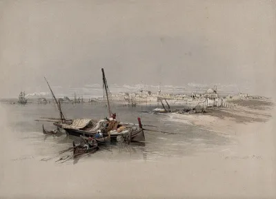 St. Jean D'Acre, looking from the sea. Coloured lithograph by Louis Haghe after David Roberts, 1843