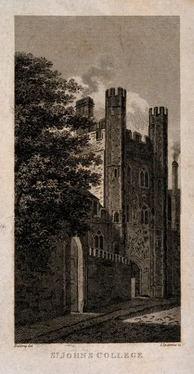St. John's College, Oxford: gateway. Line engraving by S. Sparrow after Baldrey