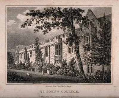 St. John's College, Oxford. Line engraving by J. & H.S. Storery, 1821