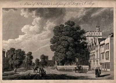 St. John's College, St. Giles and St. Giles Church, Oxford: panoramic view. Line engraving by M.A. Rooker after himself, 1779