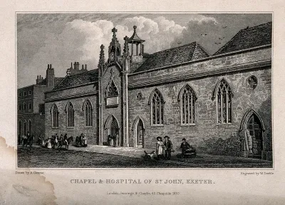 St. John's Hospital and Chapel, Exeter: front with street life. Line engraving by W. Deeble, 1830, after A. Glennie