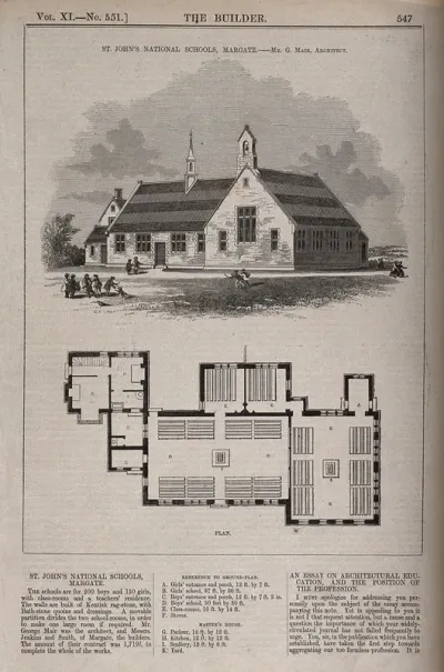 St. John's National Schools, Margate, Kent: with a floor plan. Wood engraving by Sly, 1853, after G. Mair