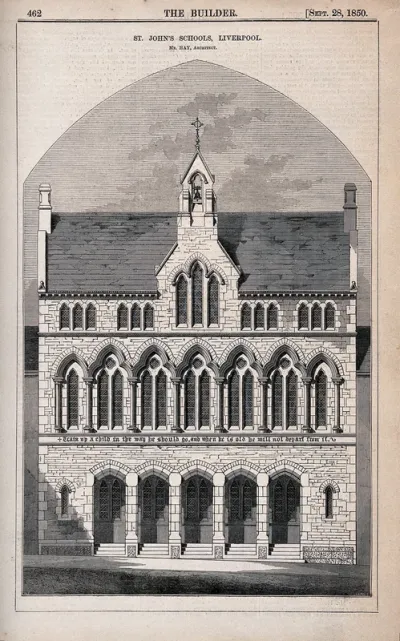 St. John's Schools, Liverpool, Merseyside. Wood engraving by Laing, 1850, after B. Sly after Hay