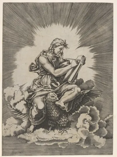 St. John, seated and holding a writing instrument to a tablet, an eagle with outstretched wings below his legs, from a series of the four evangelists after Agostino Veneziano, which are in turn after Giulio Romano