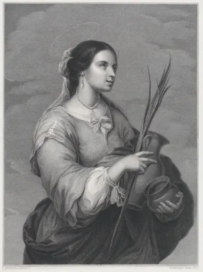 St Justa, three-quarter length, turned to right, holding two pots and a palm
