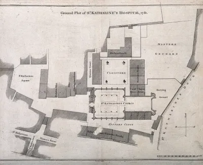 St Katharine's Church and Hospital, London: a ground-plan with scale and north point