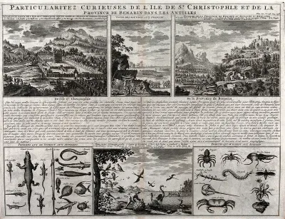 St. Kitts: six scenes. Engraving by H.A. Châtelain, 1732