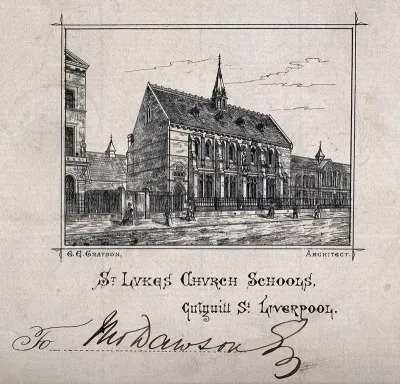 St. Luke's Church Schools, Liverpool, Merseyside. Etching after G.E. Grayson