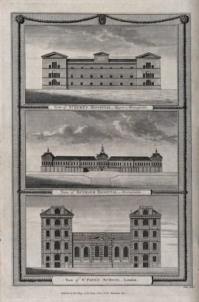 St. Luke's Hospital, Moorfields (top), Bethlem Hospital (middle), and St. Paul's School (bottom), London: the facade of each. Engraving by J. Peltro