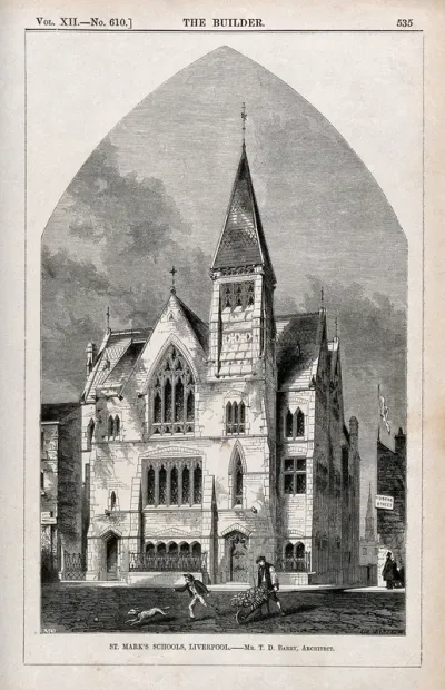 St. Mark's Schools, Liverpool, Merseyside. Wood engraving by C.W. Sheeres after B. Sly after T.D. Barry