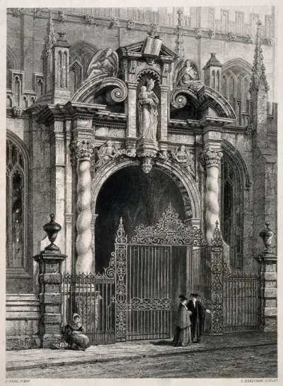 St. Mary's Church, Oxford: porch showing architectural details. Line engraving by S. Bradshaw after S. Read