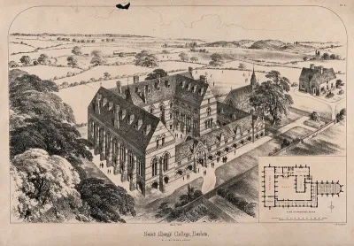 St. Mary's College, Harlow, Essex: bird's-eye view and scale plan. Transfer lithograph by J.R. Jobbins, 1862, after R.J. Withers