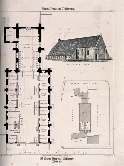 St. Mary's Hospital with ground and block plan. Transfer lithograph by J.R. Jobbins after F.T. Dollman