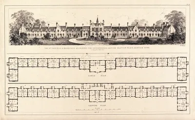 St Pancras Almshouses, Grafton Place, London: the facade and two floor plans
