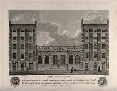 St. Paul's school: facade. Etching by B. Howlett, 1825, after J. Baker