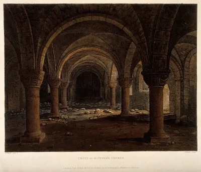 St. Peter-in-the-East, Oxford: crypt showing bones and skulls. Coloured aquatint by J. Bluck, 1813, after F. Nash