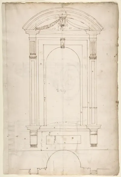 St. Peter's, apse, exterior niche details (recto); St Peter's, apse, exterior niche elevation and profile of scrolled console, elevation of column shaft (verso)