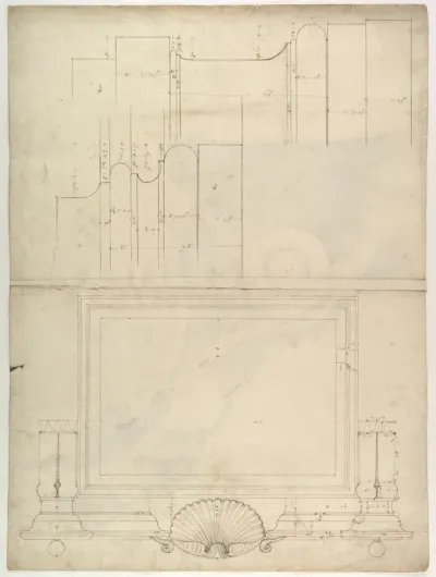 St. Peter's, attic, window, elevation (recto); St. Peter's, apse, plan; window, cornice, elevation profile; arch frame, elevation profile (verso)