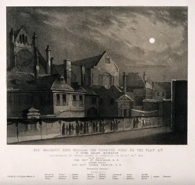 St. Peter's College, Westminster: a Royal procession by night. Lithograph, 1834