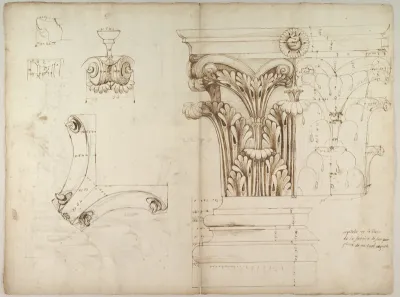 St. Peter's, Corinthian capital, elevation; base, elevation; volute, end elevation, profile, and view from below (recto); St. Peter's, Corinthian capital, acanthus leaf details and profiles of two cornice mouldings (verso)