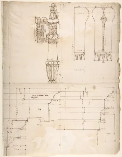 St. Peter's, cornice and architrave, profile; key, elevation; triglyph and guttae, elevation and section