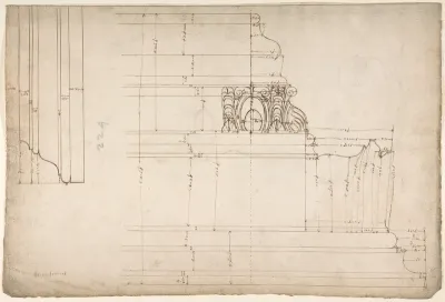 St. Peter's, cornice, exterior, profile (recto); moulding, elevation; unidentified structure, plan (verso)