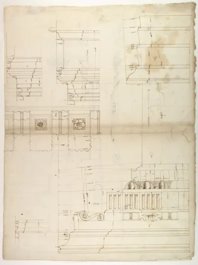 St Peter's, entablature profile; reflected ceiling details of the cornice, and profiles of column bases and pedestals (recto); St. Peter's, section through drum of model and entablature of upper story (verso)