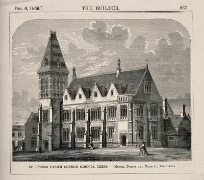 St. Peter's Parish Church Schools, Leeds, Yorkshire. Wood engraving by W.E. Hodgkin, 1856, after B. Sly after Messrs. Dobson and Chorley