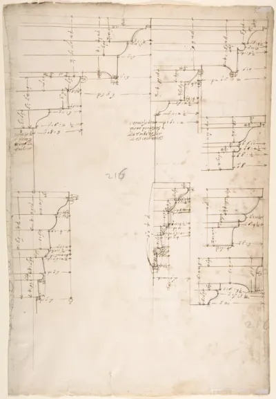 St. Peter's, tribune, exterior, entablature and cornice details (recto); Santa Maria Maggiore, Sforza Chapel, plan, detail (verso)