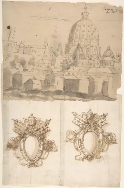 St. Peter's, view from the southeast; unidentified, papal escutcheons