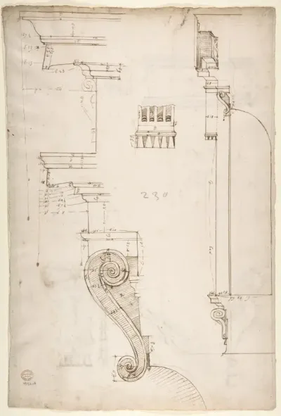 St Peter's apse, exterior niche section and details (recto) St Peter's apse, exterior niche elevation and profiles of details (verso)