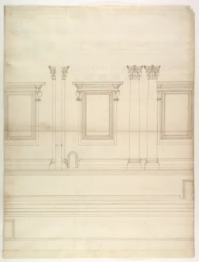 St. Peter's, drum, exterior, elevation (recto) St. Peter's, tribune, entablature, section and details (verso)