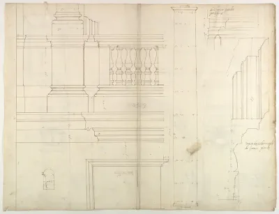 St. Peter's, exterior, tabernacle, elevation and section at base with details of pedestal and railing, (recto)
St. Peter's, exterior, tabernacle, elevation and section at arched opening (verso)