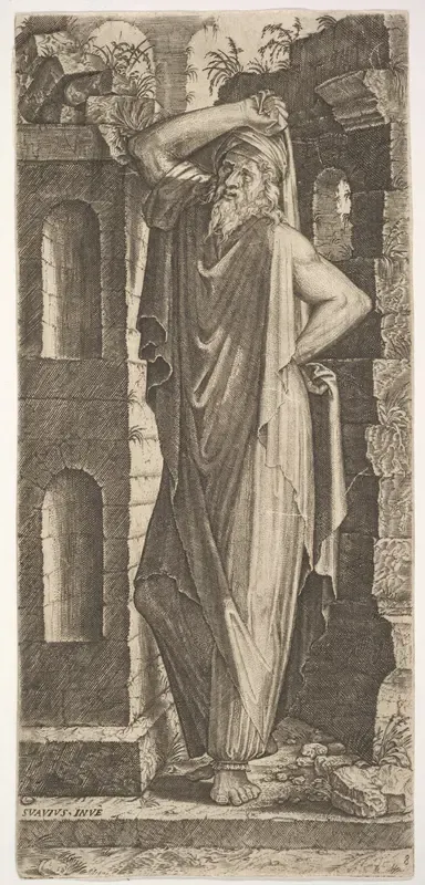 St. Philip(?), standing with his left hand on his hip and his right hand resting on his head, from "Christ and the Twelve Apostles"