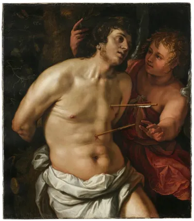 St. Sebastian being consoled by an angel
