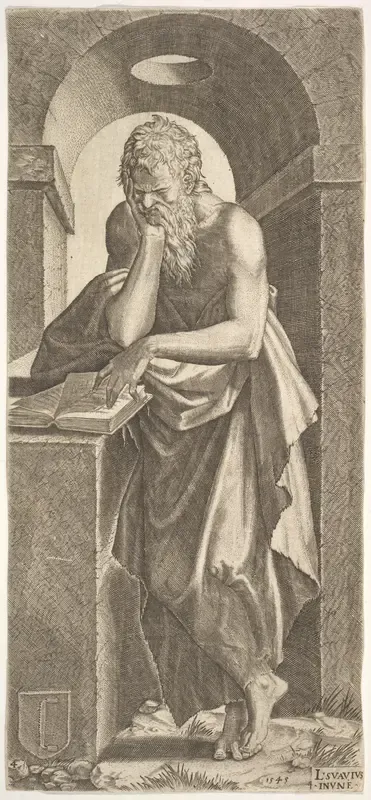 St. Simon standing before an open book with the fingers of his left hand pressed onto the pages, from "Christ and the Twelve Apostles"