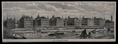 St. Thomas's Hospital, Lambeth, viewed from the north bank of the Thames. Wood engraving by C. Butterworth & Heath, 1871