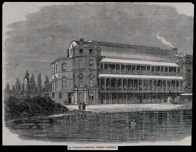St Thomas's Hospital: when temporarily in Surrey Gardens, viewed from the ornamental lake