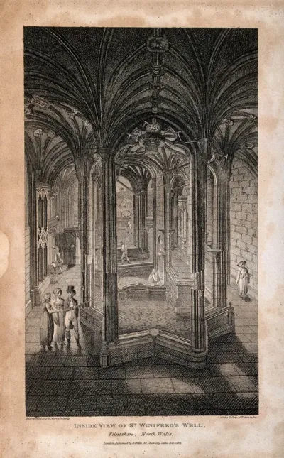 St. Winifred's Well, Flintshire, Wales: interior of the cloisters. Line engraving by W. Angus, 1813