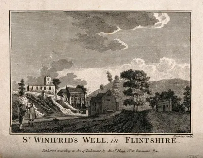 St. Winifred's Well, Flintshire, Wales. Line engraving by G. Hawkins, 1795(?)