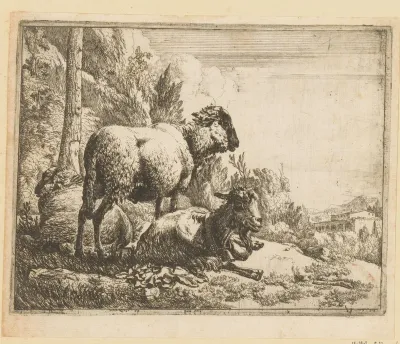 Staand en liggend schaap en liggende geit met bel om