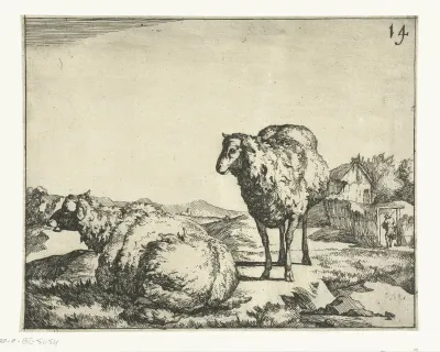 Staand en liggend schaap met boerderij op achtergrond