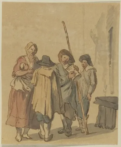 Staand gezelschap, drie mannen en een vrouw met kind op de arm