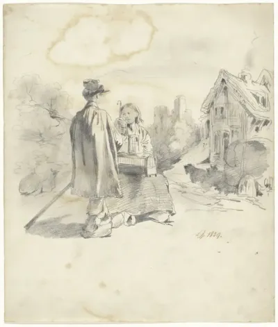 Staand jongetje bij zittende vrouw in landschap