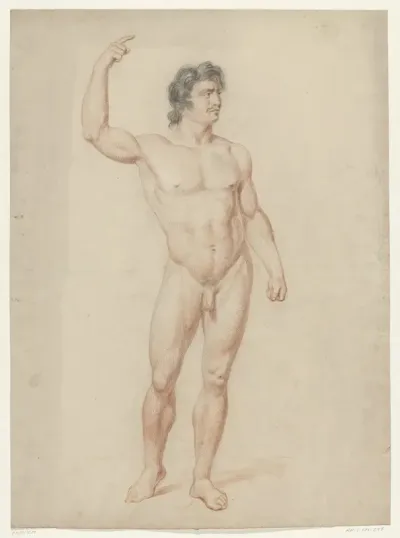 Staand mannelijk naakt met opgeheven arm, naar rechts