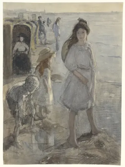 Staand meisje en andere kinderen op het strand te Scheveningen