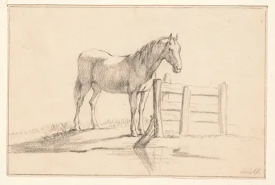Staand paard bij een hek, naar rechts