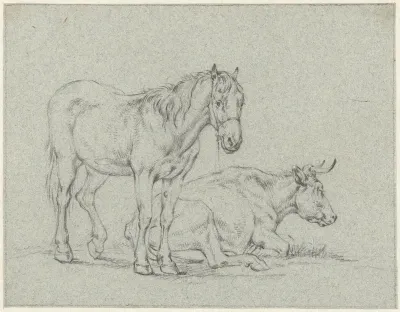 Staand paard en een liggende koe