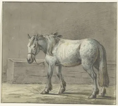Staand paard in een stal, naar links