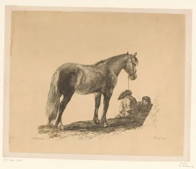 Staand paard met twee op de grond zittende mannen